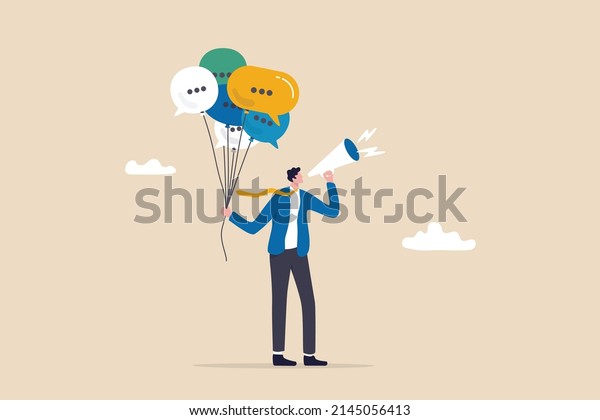 Communication or PR, Public Relations manager\
to communicate company information and media, announce sales or\
promotion concept, businessman holding speech bubble balloons while\
talking on\
megaphone.