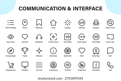 Communication, Privacy, and Interface Icons Collection. Modern Minimal Symbols for Chat, Media, and UX Design