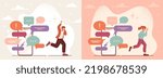 Communication problem concept. Young man and woman, overloaded with lot of messages, notifications and spam, run away from smartphones. Pile of speech bubbles. Cartoon flat vector illustration set
