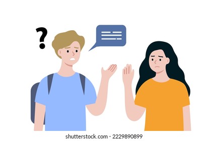 Communication problem, Language barrier concepts. . People having misunderstanding. Man with question mark above head. Flat cartoon people vector design illustration.