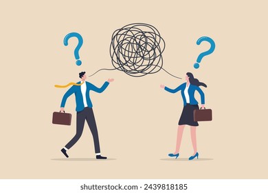 Communication problem, misunderstanding or confusion, mess or chaos communicate, conflict opinion, discussion or meeting conversation concept, business people colleagues communicate with messy line.