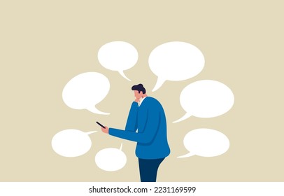 Communication problem or overload. Businessman holding a mobile phone full of  online speech bubble. Illustration