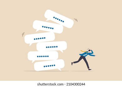Communication problem or overload, too many messages or spam, inefficient discussion or meeting concept, frustrated businessman run away from collapsing stack of online speech bubble.