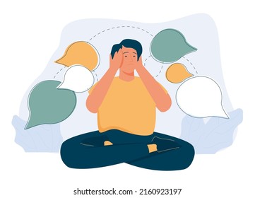 Communication problem or overload, too many messages or spam, inefficient discussion or meeting concept, frustrated businessman run away from collapsing stack of online speech bubble.