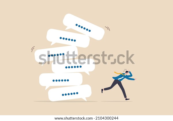 Communication\
problem or overload, too many messages or spam, inefficient\
discussion or meeting concept, frustrated businessman run away from\
collapsing stack of online speech\
bubble.