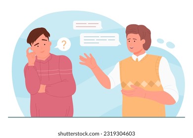 Communication problem of people vector illustration. Cartoon two male characters talking with miscommunication in dialogue, confused young man with question mark misunderstanding conversation