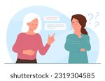 Communication problem of young vs old generation of people vector illustration. Cartoon young confused daughter misunderstanding mother and grandmother, misunderstanding and toxic relationship