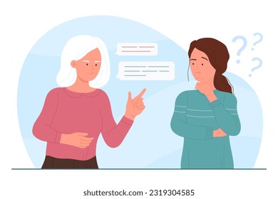 Communication problem of young vs old generation of people vector illustration. Cartoon young confused daughter misunderstanding mother and grandmother, misunderstanding and toxic relationship