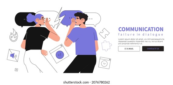 Communication Problems Among Employees, Coworkers Or Couple. Misunderstanding And Conflict Of Interests Concept. Man And Woman Try To Reach Compromise In Dialogue. Mistakes In Holding Dialogue.