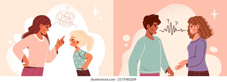 Communication problems concept. Upset couple or mother with child with complicated relationship. Man and woman do not understand each other. Troubles of adults and children. Cartoon flat vector set