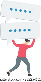 Communication problems or overload, Too many messages, inefficient discussion or meeting , Frustrated businessmen run away from collapsing stack of online speech bubbles.

