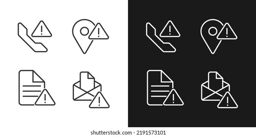 Communication problems pixel perfect linear icons set for dark, light mode. Document is not sent. Calling error. Messenger issue. Silhouette symbols. Solid pictogram pack. Vector isolated illustration