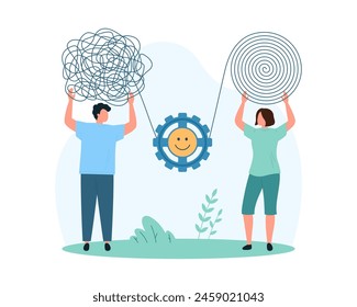 Communication problems solving, negotiation. Tiny two people transform complex chaos of threads into order, develop empathy and emotional intelligence, understanding cartoon vector illustration