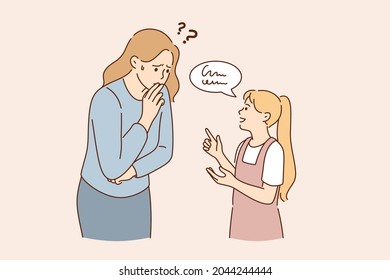 Communication problems and understanding concept. Small girl daughter standing talking explaining something to frustrated woman mother trying to understand vector illustration 