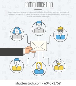 Communication process infographic of running email campaign. Human hand holding an envelope spreading information thought email distributing channel to customers. Thin line icons.