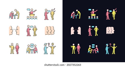 Communication process light and dark theme RGB color icons set. Physical behavior. Public speech. Eye contact. Isolated vector illustrations on white and black space. Simple filled line drawings pack