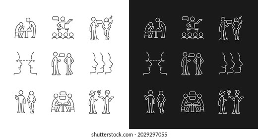 Communication process linear icons set for dark and light mode. Physical behavior. Public speech. Eye contact. Customizable thin line symbols. Isolated vector outline illustrations. Editable stroke