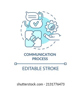 Icono de concepto turquesa del proceso de comunicación. Equipo de diseñadores. Reglas de diseño gráfico abstracto de la ilustración de línea delgada de idea abstracta. Dibujo de contorno aislado. Trazo editable. Fuentes Arial, Myriad Pro-Bold utilizadas
