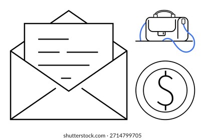 Communication, professional services, financial management, correspondence, business tools, corporate exchange. Open envelope, briefcase currency sign. Communication and professional services