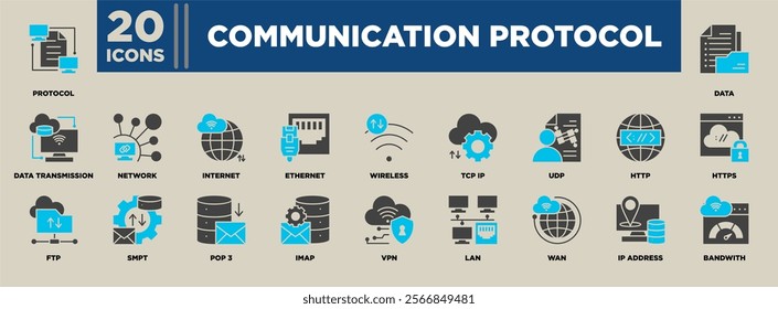 Communication Protocol icon set featuring essential elements like TCP IP, HTTP, FTP, LAN, VPN, and more, highlighting data transmission, networks, and internet connectivity concepts. 