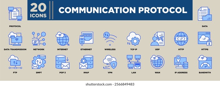 Communication Protocol icon set featuring essential elements like TCP IP, HTTP, FTP, LAN, VPN, and more, highlighting data transmission, networks, and internet connectivity concepts. 