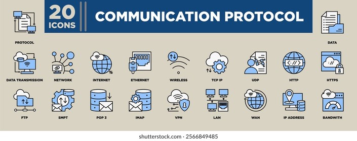 Communication Protocol icon set featuring essential elements like TCP IP, HTTP, FTP, LAN, VPN, and more, highlighting data transmission, networks, and internet connectivity concepts. 