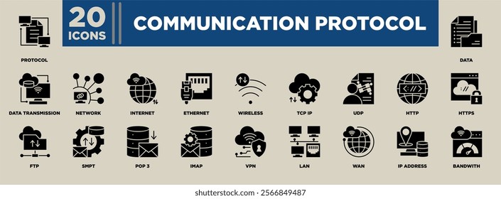 Communication Protocol icon set featuring essential elements like TCP IP, HTTP, FTP, LAN, VPN, and more, highlighting data transmission, networks, and internet connectivity concepts. 