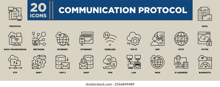 Communication Protocol icon set featuring essential elements like TCP IP, HTTP, FTP, LAN, VPN, and more, highlighting data transmission, networks, and internet connectivity concepts. 