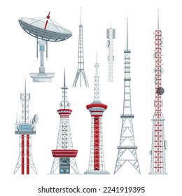 Rundfunk-Fernsehantenne Türme Satz von isolierten Symbolen mit Blick auf das Fernsehen und zelluläre Antennen Vektorgrafik