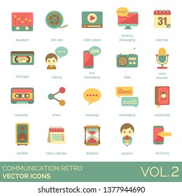 Communication retro icons including equalizer, film reel, video player, desktop messaging, VHS tape, talking, radio, voice recorder, cassette, share, readership, speaker, table calendar, deadline.