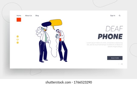 Communication, Retro Transmitter Appliance Landing Page Template. Business Men Characters Speaking by Deaf Phone made of Tin Jars Connected with Rope or String. Linear People Vector Illustration