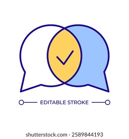 Communication RGB color icon. Discussion, conversation. Internet chat bubbles. Networking, messages. Checkmark and success. Isolated vector illustration. Simple filled line drawing. Editable stroke