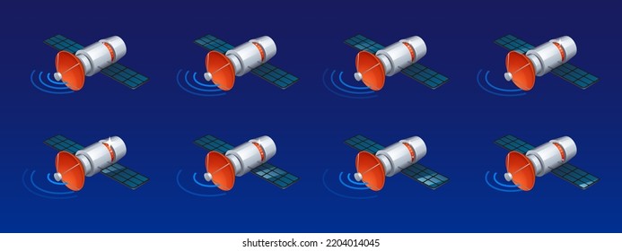 Communication satellite with antenna and abstract signal waves. Telecommunication or gps system station on Earth orbit, vector isometric animation sprite sheet