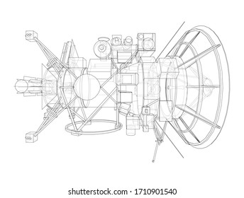 Communication satellite concept outline. Vector rendering of 3d. Wire-frame style. The layers of visible and invisible lines are separated