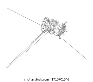 Communication satellite concept outline. Vector rendering of 3d. Wire-frame style. The layers of visible and invisible lines are separated