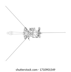 Esquema del concepto de satélite de comunicaciones. Representación vectorial de 3d. Estilo de marco de cables. Las capas de líneas visibles e invisibles están separadas