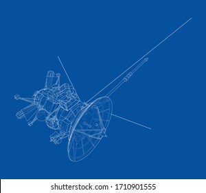 Communication satellite concept outline. Vector rendering of 3d. Wire-frame style. The layers of visible and invisible lines are separated