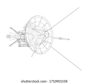 Communication satellite concept outline. Vector rendering of 3d. Wire-frame style. The layers of visible and invisible lines are separated