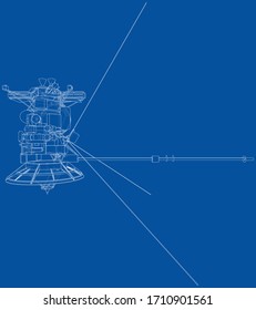 Communication satellite concept outline. Vector rendering of 3d. Wire-frame style. The layers of visible and invisible lines are separated