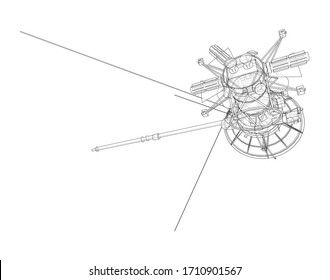 Communication satellite concept outline. Vector rendering of 3d. Wire-frame style. The layers of visible and invisible lines are separated