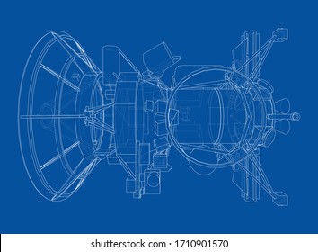 Communication satellite concept outline. Vector rendering of 3d. Wire-frame style. The layers of visible and invisible lines are separated