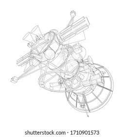 Communication satellite concept outline. Vector rendering of 3d. Wire-frame style. The layers of visible and invisible lines are separated