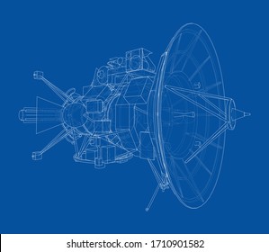 Communication satellite concept outline. Vector rendering of 3d. Wire-frame style. The layers of visible and invisible lines are separated