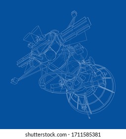Communication satellite concept outline. Vector rendering of 3d. Wire-frame style. The layers of visible and invisible lines are separated
