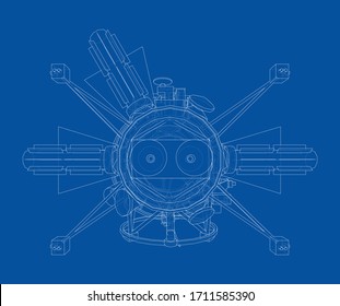 Communication satellite concept outline. Vector rendering of 3d. Wire-frame style. The layers of visible and invisible lines are separated