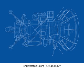 Rahmenkonzept für Kommunikationssatelliten Vektorillustration-Darstellung von 3d. Wire-Frame-Stil. Die Schichten sichtbarer und unsichtbarer Linien sind getrennt
