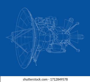 Communication satellite concept outline. Vector rendering of 3d. Wire-frame style. The layers of visible and invisible lines are separated