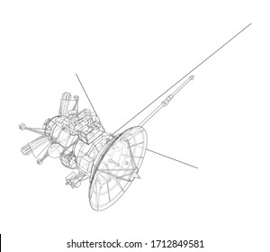 Communication satellite concept outline. Vector rendering of 3d. Wire-frame style. The layers of visible and invisible lines are separated