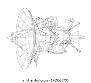 Communication satellite concept outline. Vector rendering of 3d. Wire-frame style. The layers of visible and invisible lines are separated