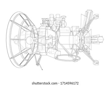 Communication satellite concept outline. Vector rendering of 3d. Wire-frame style. The layers of visible and invisible lines are separated